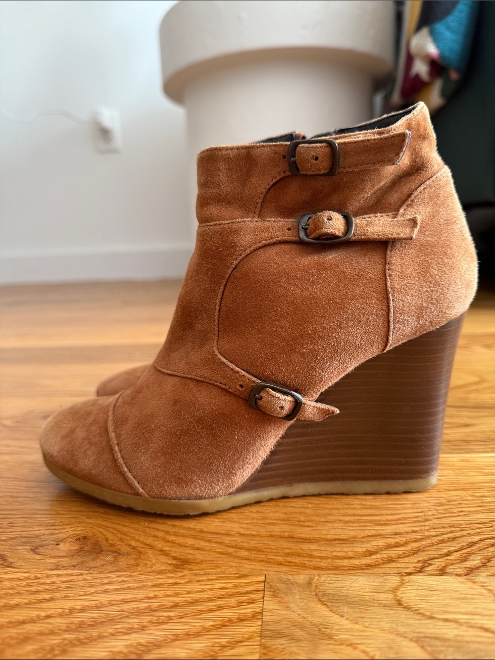 J Crew Suede Wedge Ankle Boot with Buckle Details